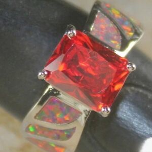 SILVER Elegant Orange Fire Opal & Orange Garnet Rectangular Ring